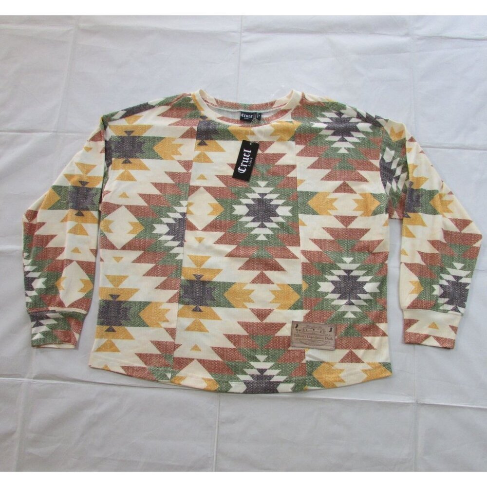 Cruel Denim Women's XL Long Sleeve Drop Shoulder Rib Knit Aztec Print Shirt